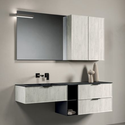Composición de baño con cajones, lavabo, espejo y mueble de pared - Orione Viadurini