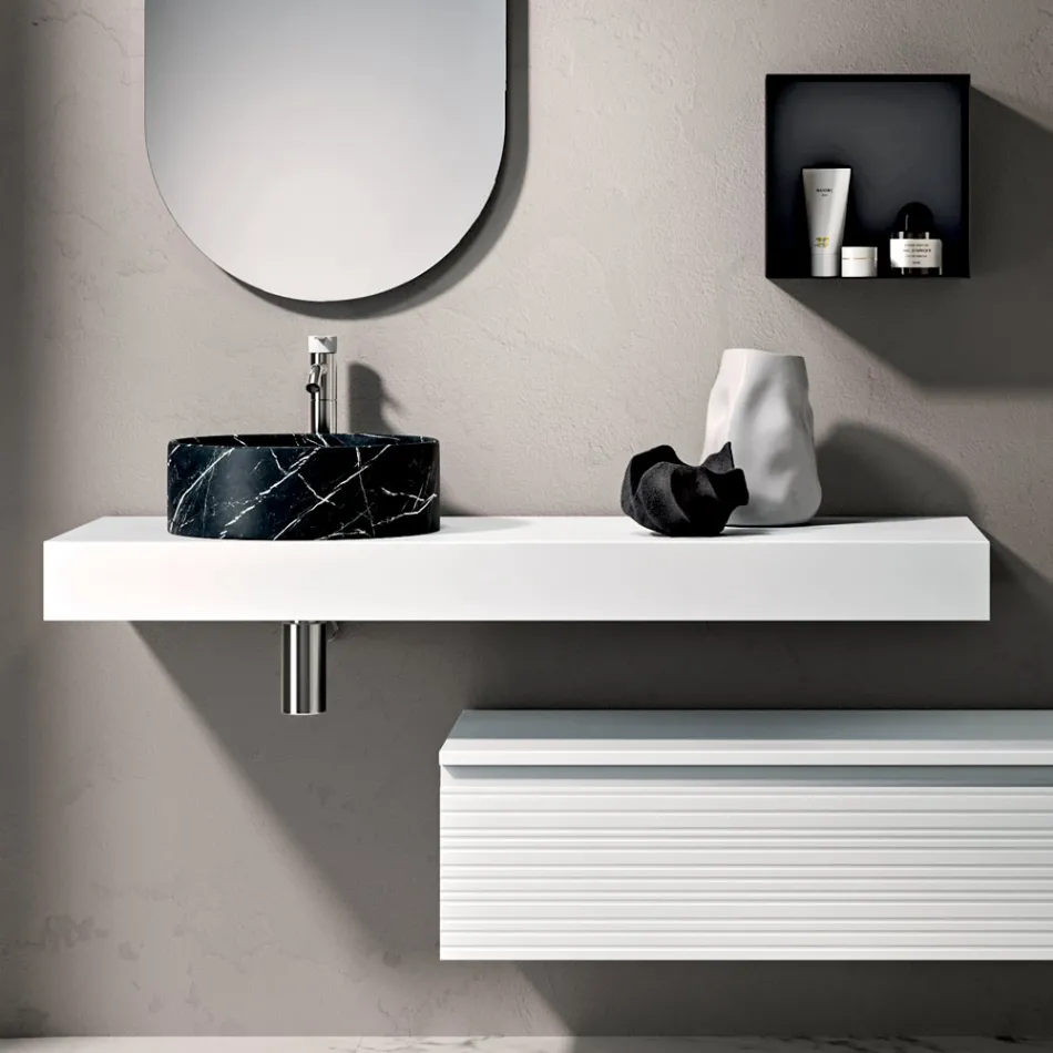 Composición de baño con cajón, lavabo, espejo, mueble de pared y estantería - Elios Viadurini