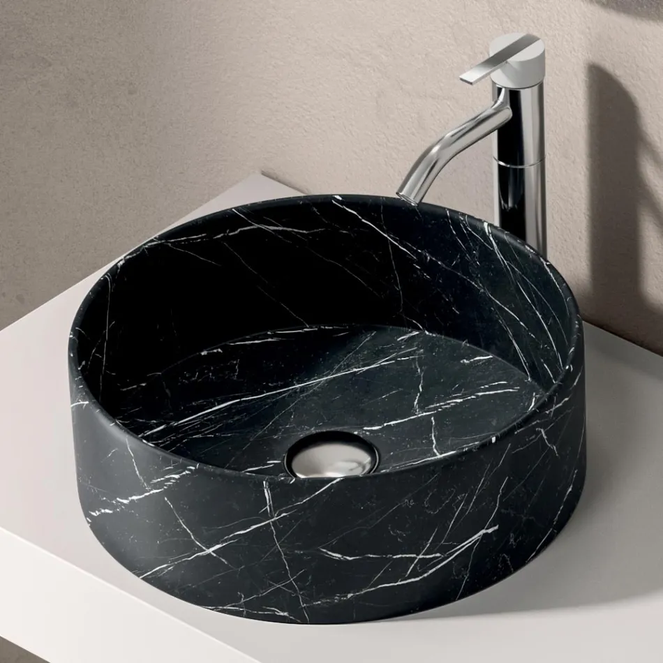 Composición de baño con cajón, lavabo, espejo, mueble de pared y estantería - Elios Viadurini