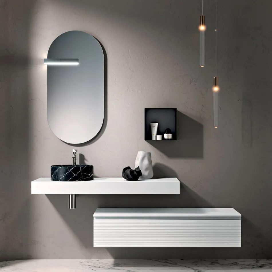 Composición de baño con cajón, lavabo, espejo, mueble de pared y estantería - Elios Viadurini