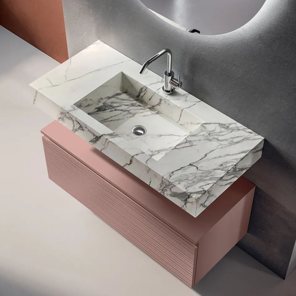 Composición de baño con cajón rosa empolvado y lavabo Calacatta - Elios Viadurini