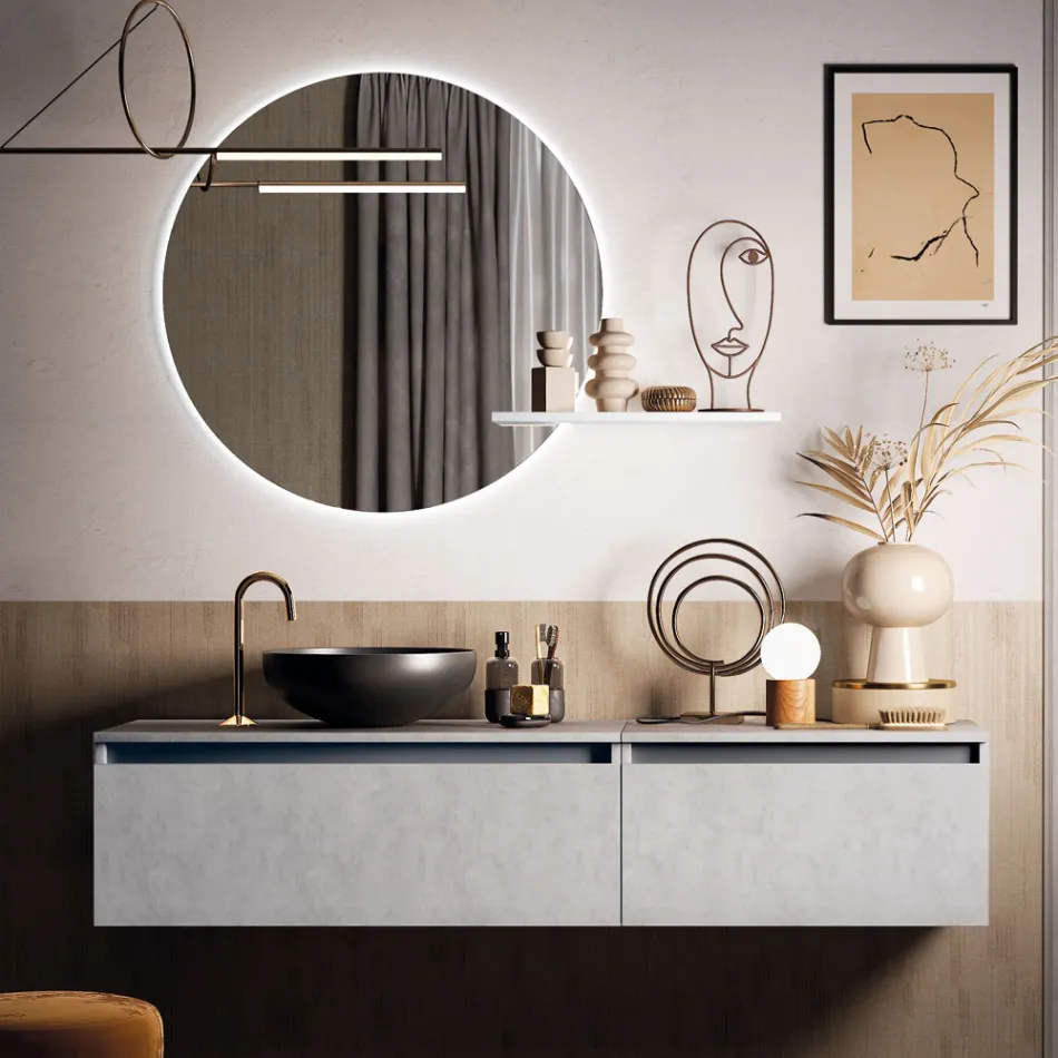 Composición de Baño con Lavabo, Base Suspendida y Espejo Made in Italy - Dream Viadurini