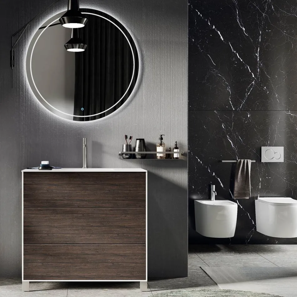 Composición de baño con espejo, base y lavabo de resina Made in Italy - Kilos Viadurini