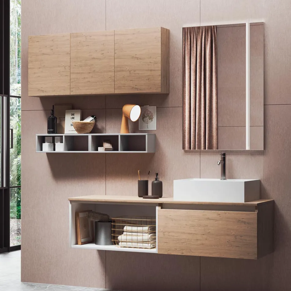 Composición de Baño con Espejo con Lámpara Integrada, Lavabo y Base - Dream Viadurini