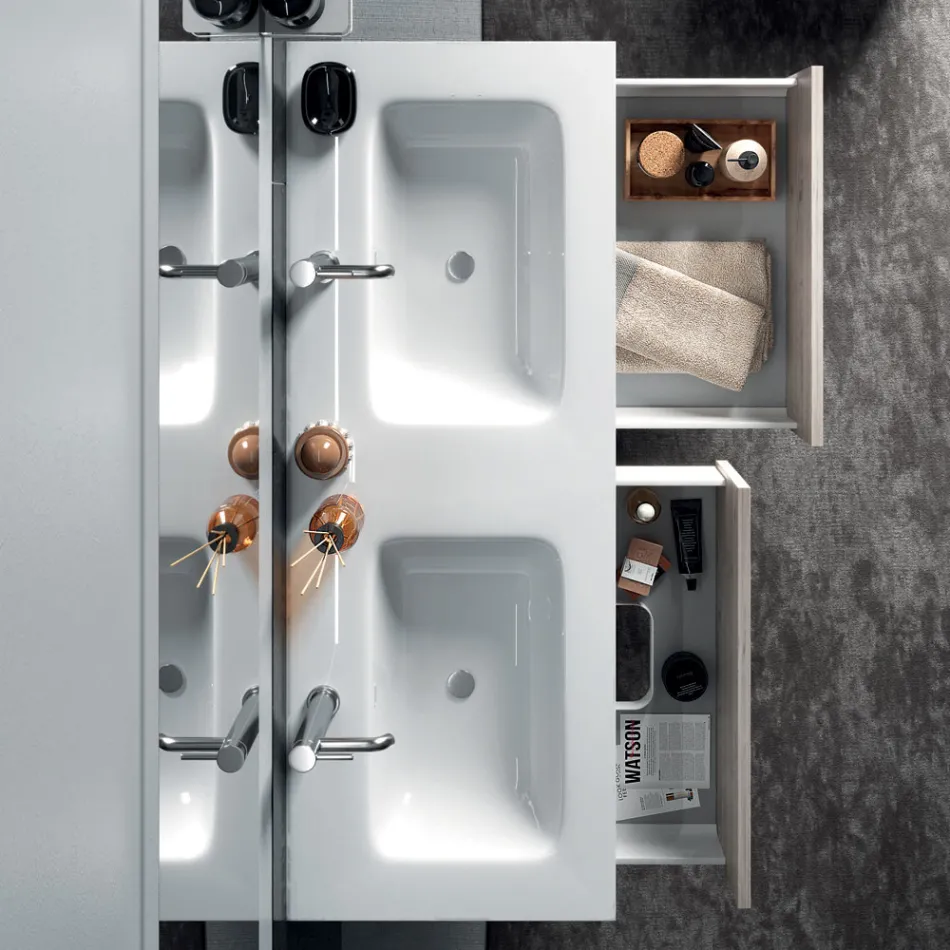 Composición de Baño con Espejo, Lavabo Doble y Base Made in Italy - Kilos Viadurini