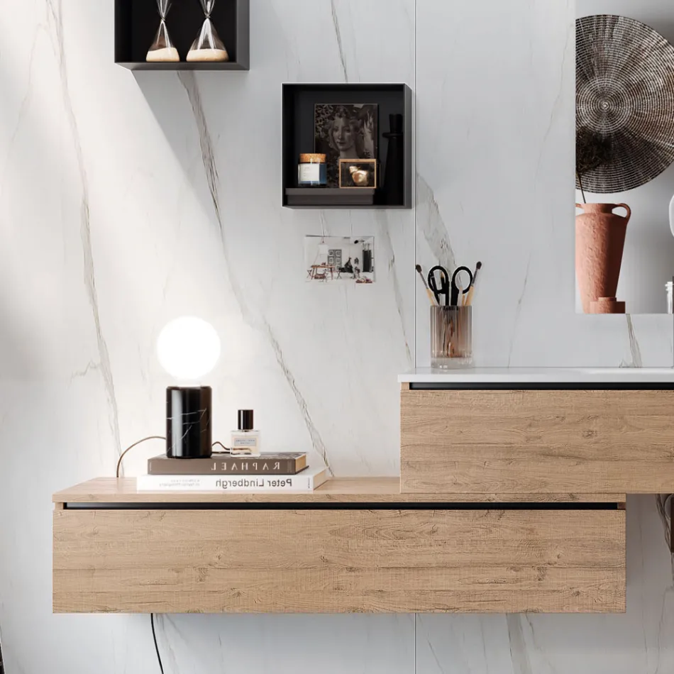 Composición de Baño con Espejo, Lavabo de Resina y Base Made in Italy - Palom Viadurini