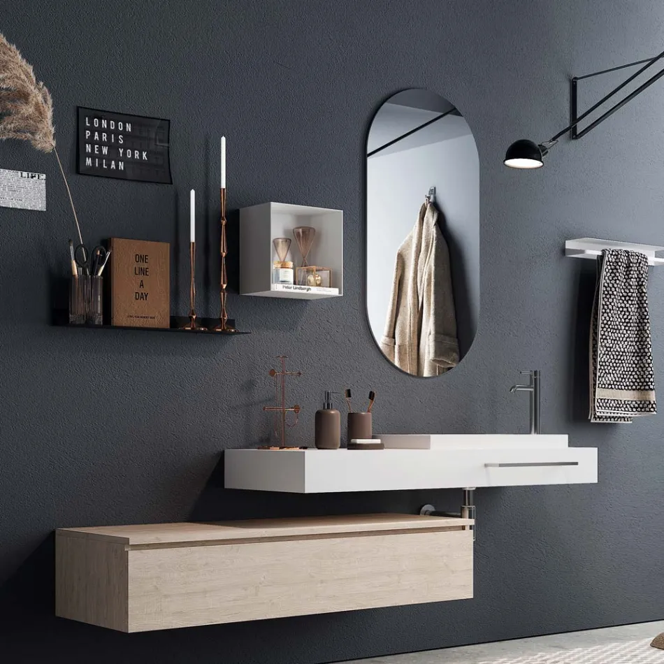 Composición de baño con espejo ovalado, lavabo y base Made in Italy - Palom Viadurini