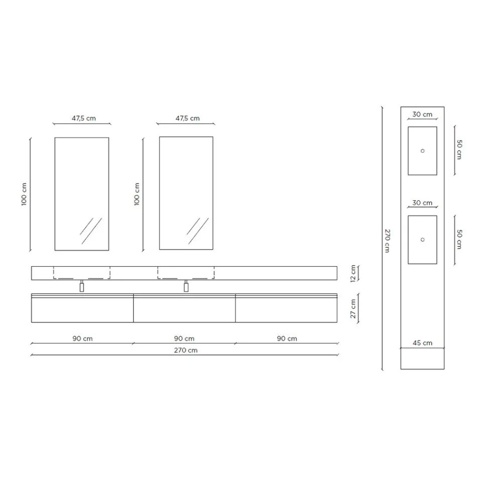 Composición de baño doble con espejo rectangular y lavabo Made in Italy - Palom Viadurini