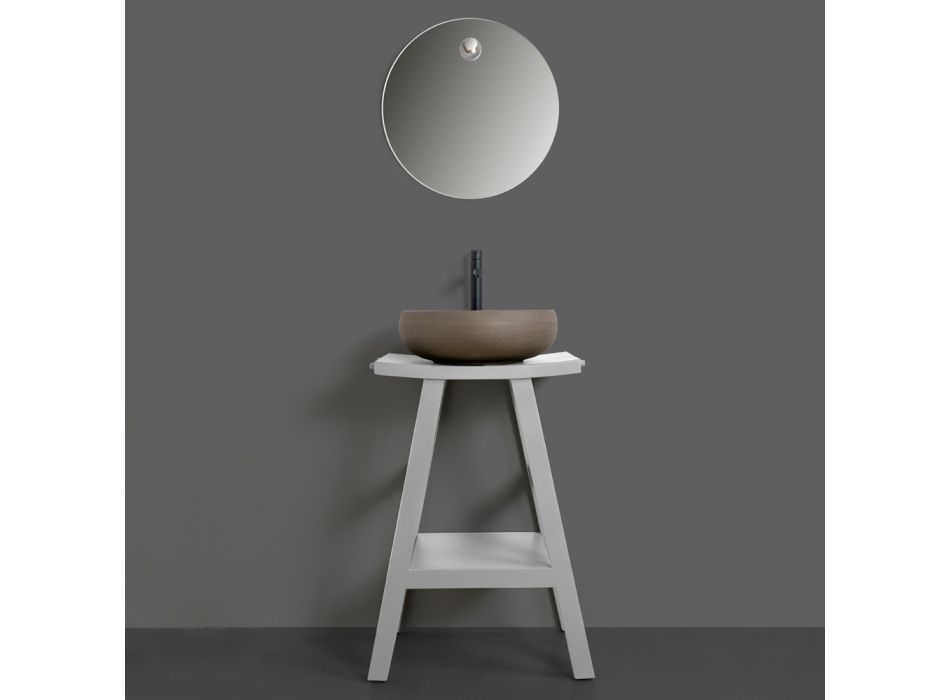 Composición de baño gris con espejo redondo y varios accesorios - Maryse Viadurini