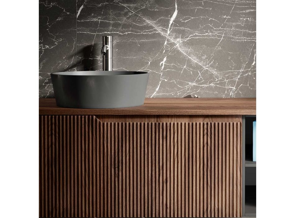 Composición de baño en roble acanalado y compartimento abierto Made in Italy - Febe Viadurini