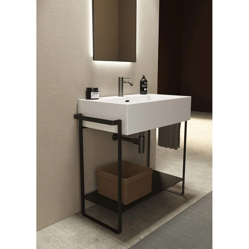 Composición de Baño Lavabo de Cerámica y Base de Acero Made in Italy - Quadro Viadurini