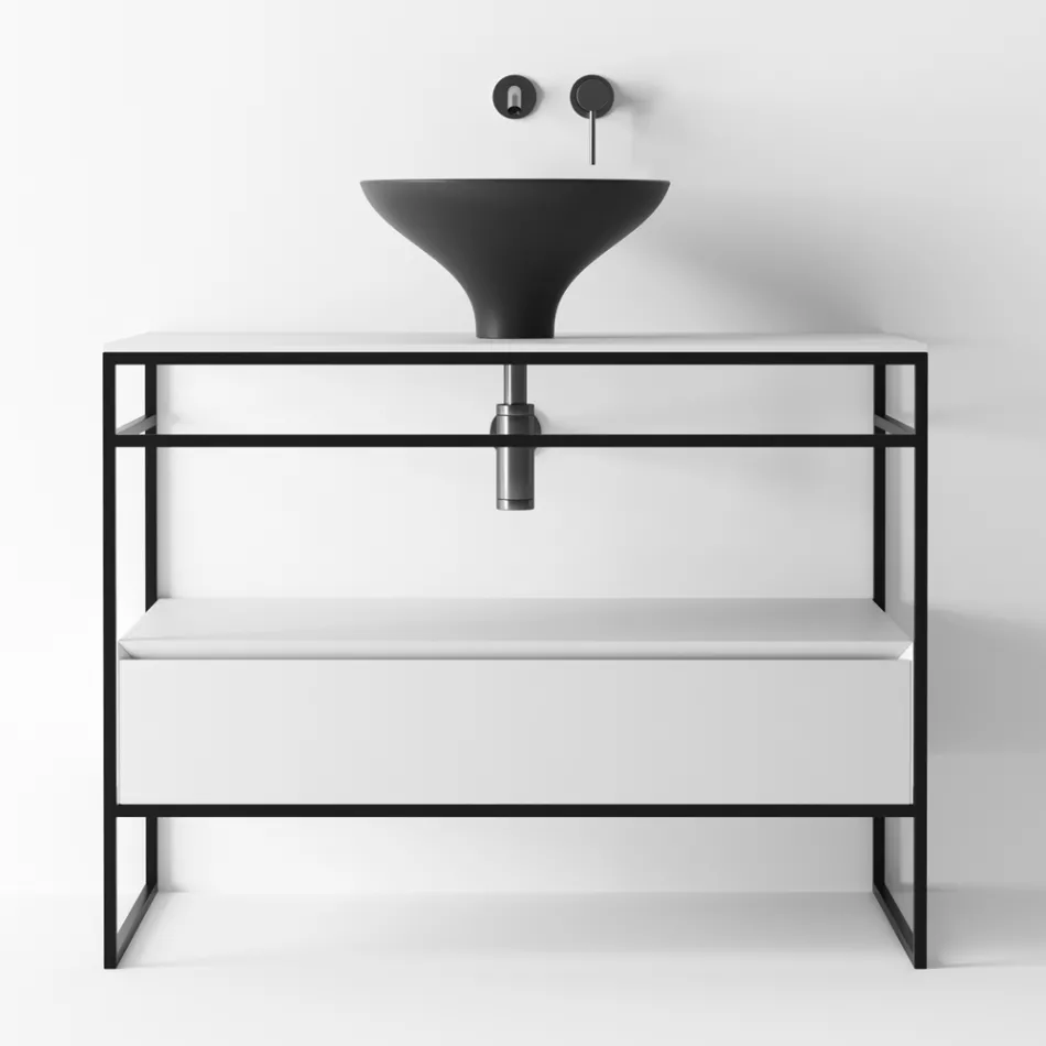 Lavabo de composición de baño en cerámica y espejo Made in Italy - Hoscar Viadurini