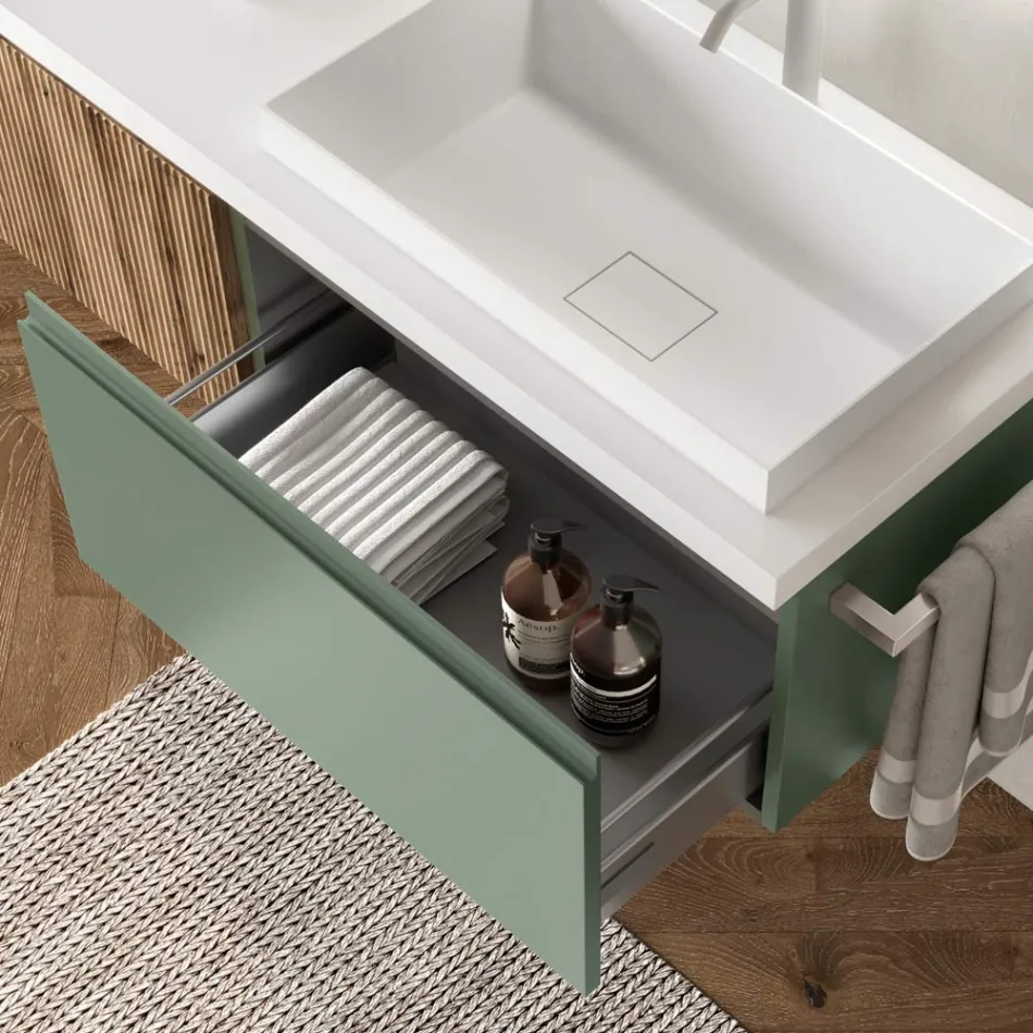 Composición de baño verde salvia y roble Cannettato Made in Italy - Uranus Viadurini