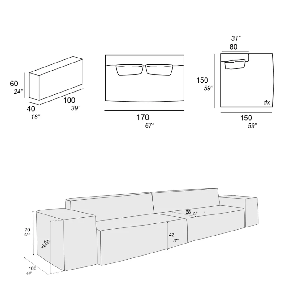 Composición de 1 Sofá, 1 Reposabrazos y 1 Península - Bizarre Viadurini