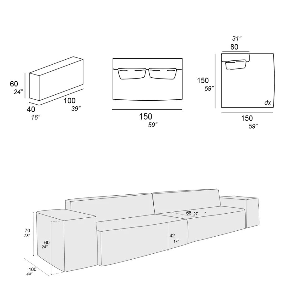 Composición de 1 Sofá, 1 Reposabrazos y 1 Península - Bizarre Viadurini