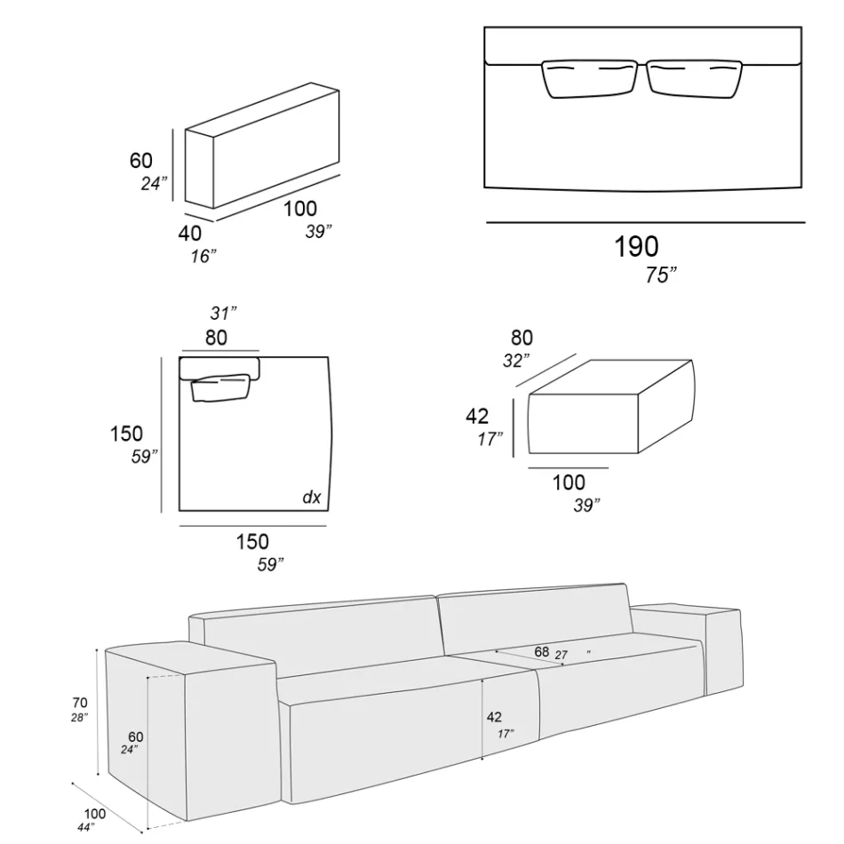 Composición de 1 Puf con Respaldo, 1 Puf y 1 Península - Bizarre Viadurini