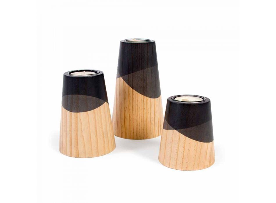 Composición de 3 candelabros modernos en madera de pino macizo - Blanco Viadurini