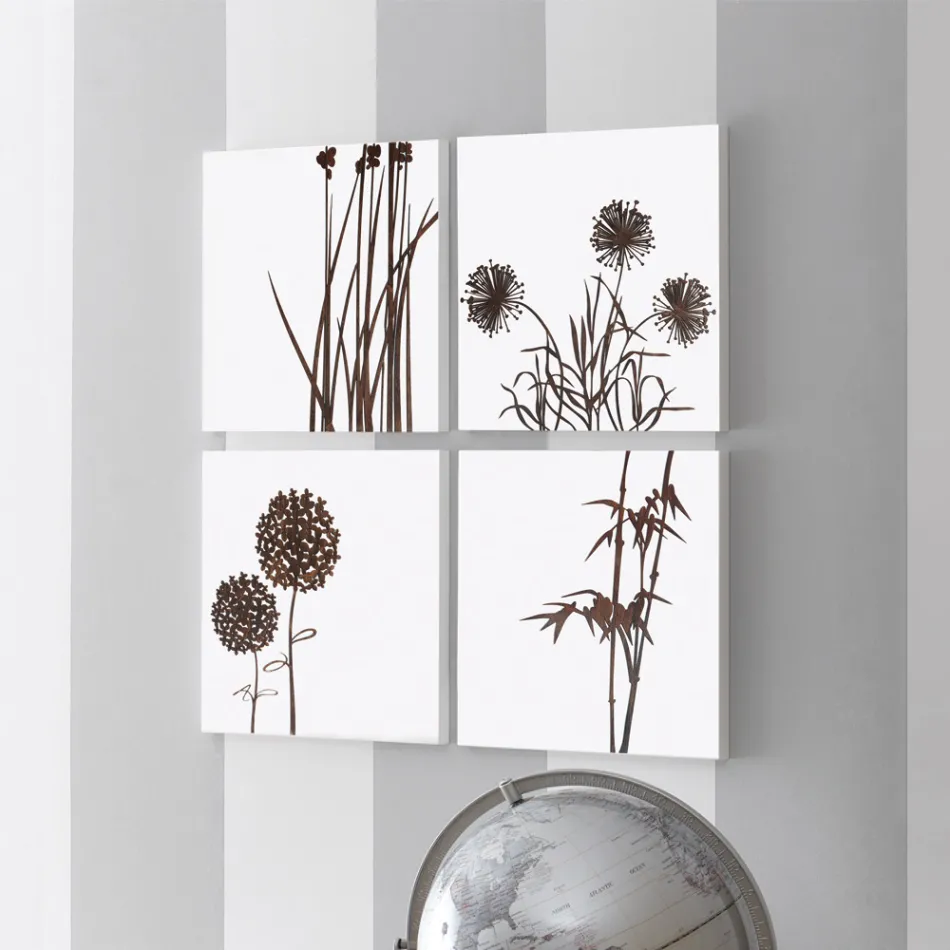 Composición de 4 Paneles con Hortensias, Allium y Thypha Made in Italy - Cálculo Viadurini