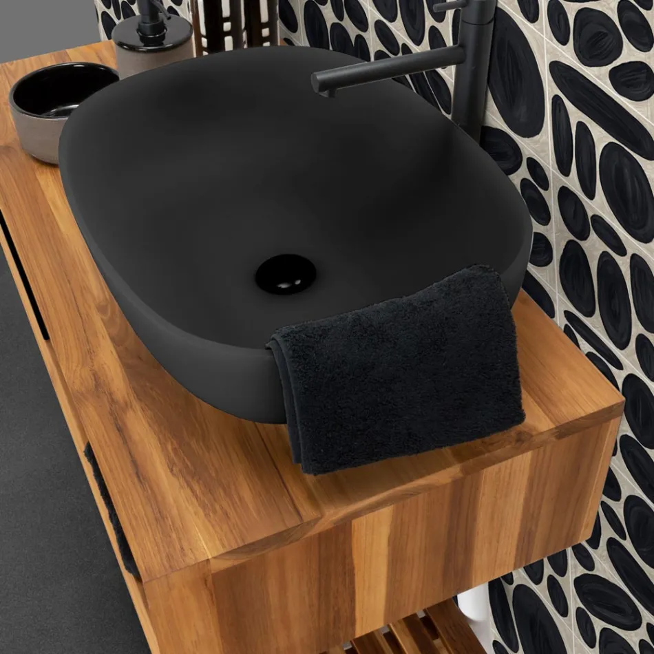Composición de mueble de baño negro con estante grande y accesorios - Patryk Viadurini