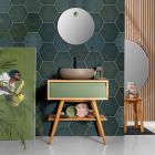 Composición de mueble de baño verde con mueble de teca y accesorios - Carolie Viadurini