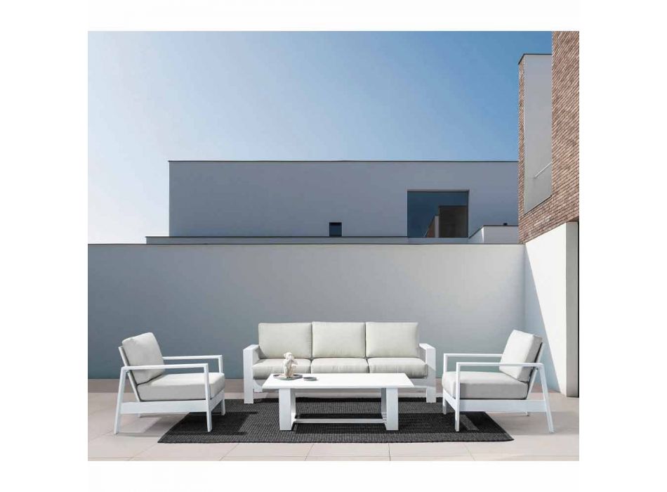 Composición de sala de estar al aire libre en aluminio con cojines de tela - Yoshi Viadurini