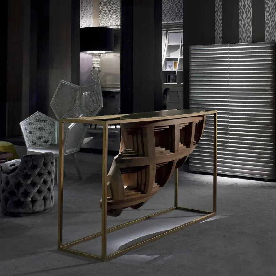 Consola de diseño de lujo en madera maciza de nogal y metal Pardo Viadurini