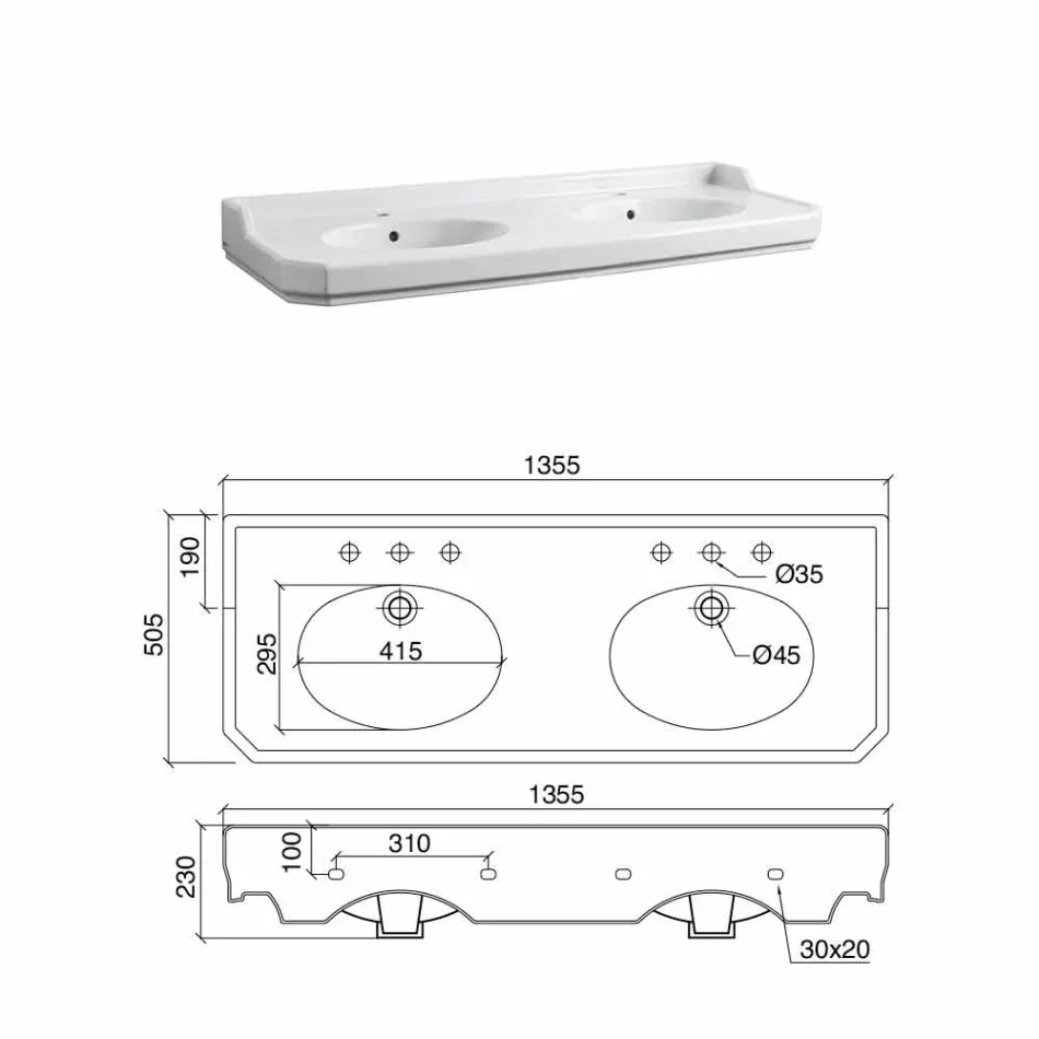 Consola de baño L 135 cm con doble cuenco en cerámica con pies - Nausica Viadurini