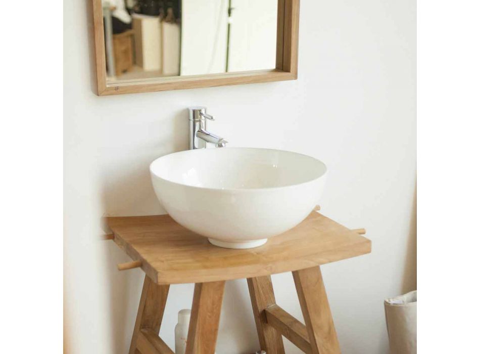 Consola de baño moderna en madera de teca natural con ganchos laterales - Zacary Viadurini