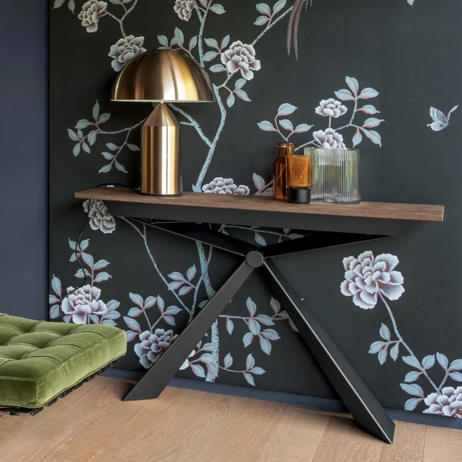 Consola con Tapa Efecto Mortero y Base de Metal Made in Italy - Timedio Viadurini