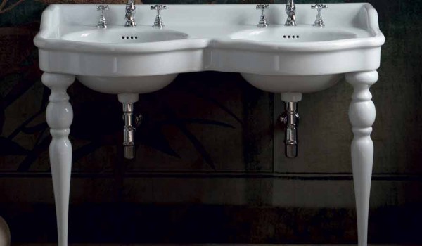 Consola de baño con doble lavabo de cerámica, hecha en Italia, Magda