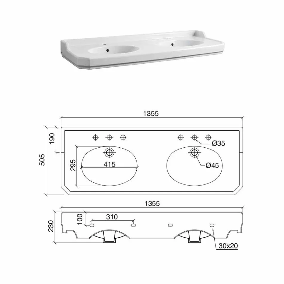Consola de baño L 135 cm con doble cuenco en cerámica Made in Italy - Nausica Viadurini