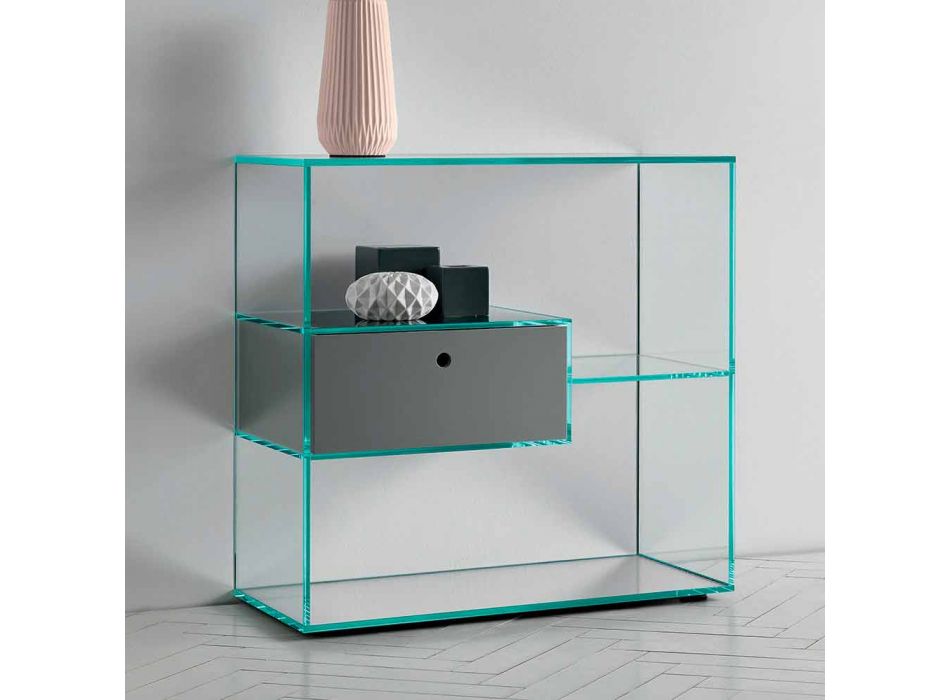 Consola de entrada de pared en vidrio extraclaro con cajón lacado - Linzy Viadurini
