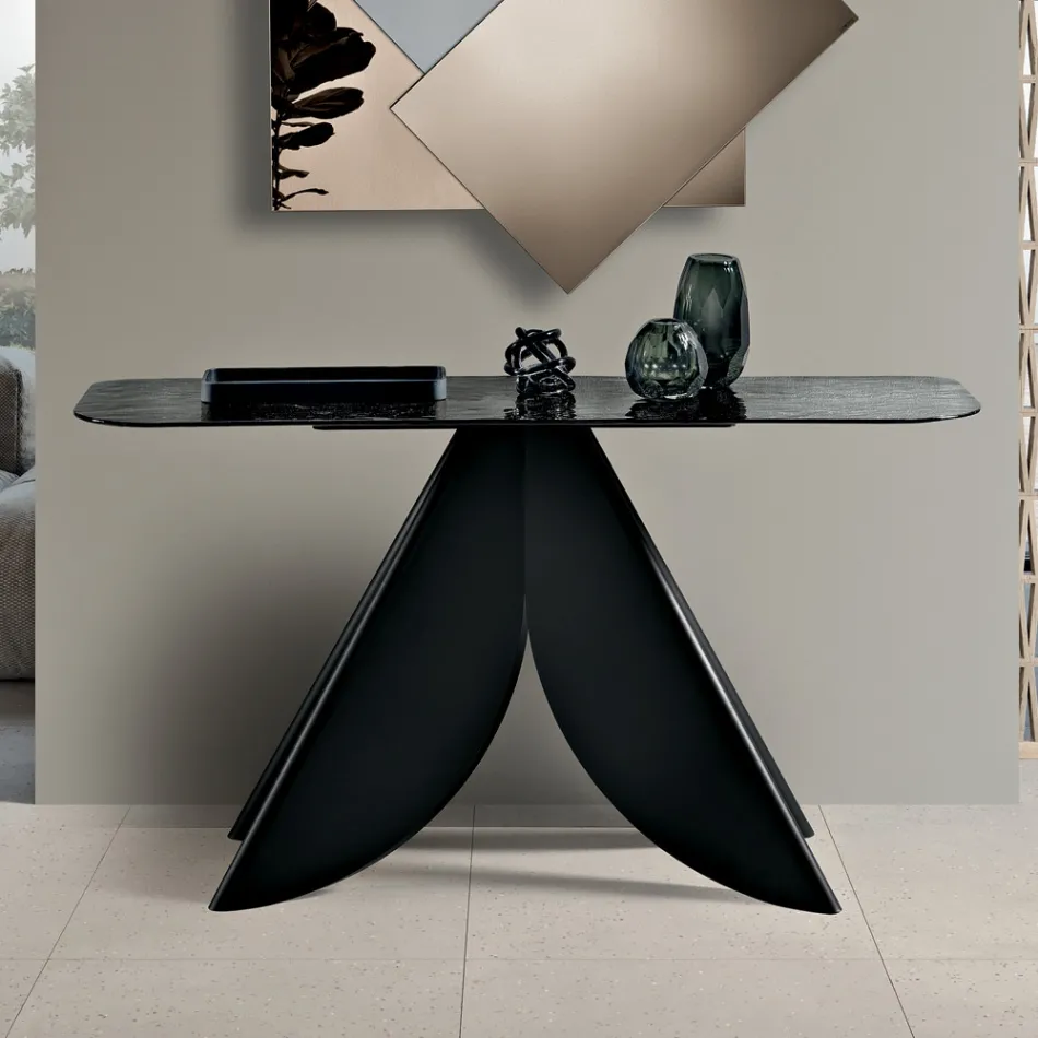 Consola de salón de metal con tablero de cristal martillado plateado en la parte posterior - Cristina Viadurini