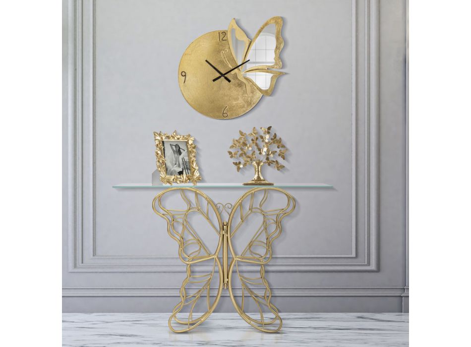 Consola de hierro con acabado dorado con tapa de vidrio transparente - Farella Viadurini