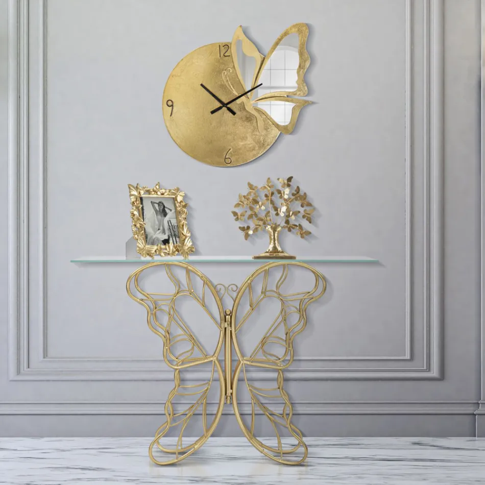 Consola de hierro con acabado dorado con tapa de vidrio transparente - Farella Viadurini