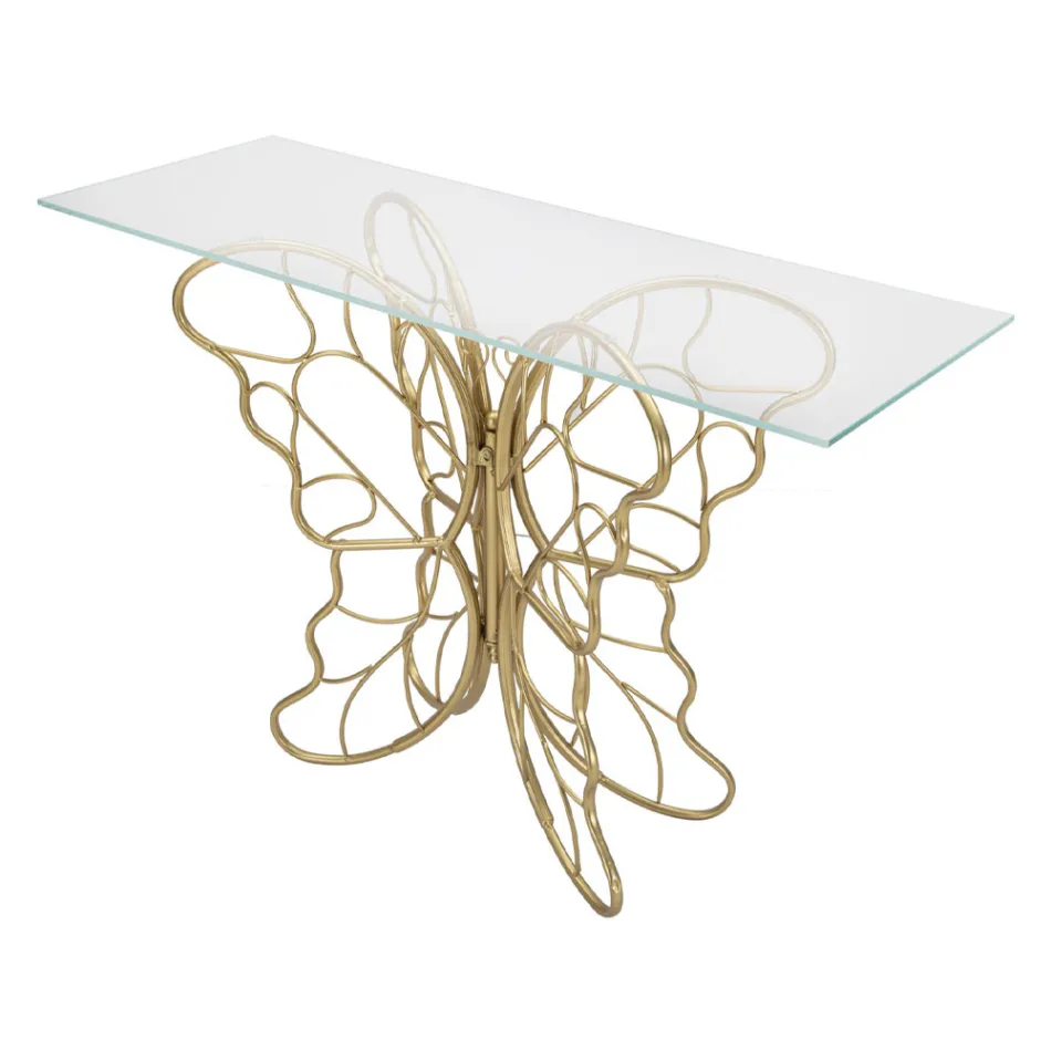 Consola de hierro con acabado dorado con tapa de vidrio transparente - Farella Viadurini