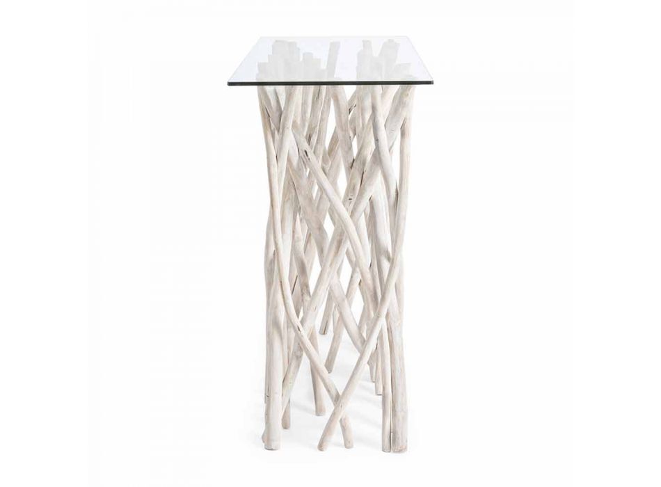 Consola en madera de teca blanqueada y tablero de vidrio de diseño de lujo - Francesca Viadurini
