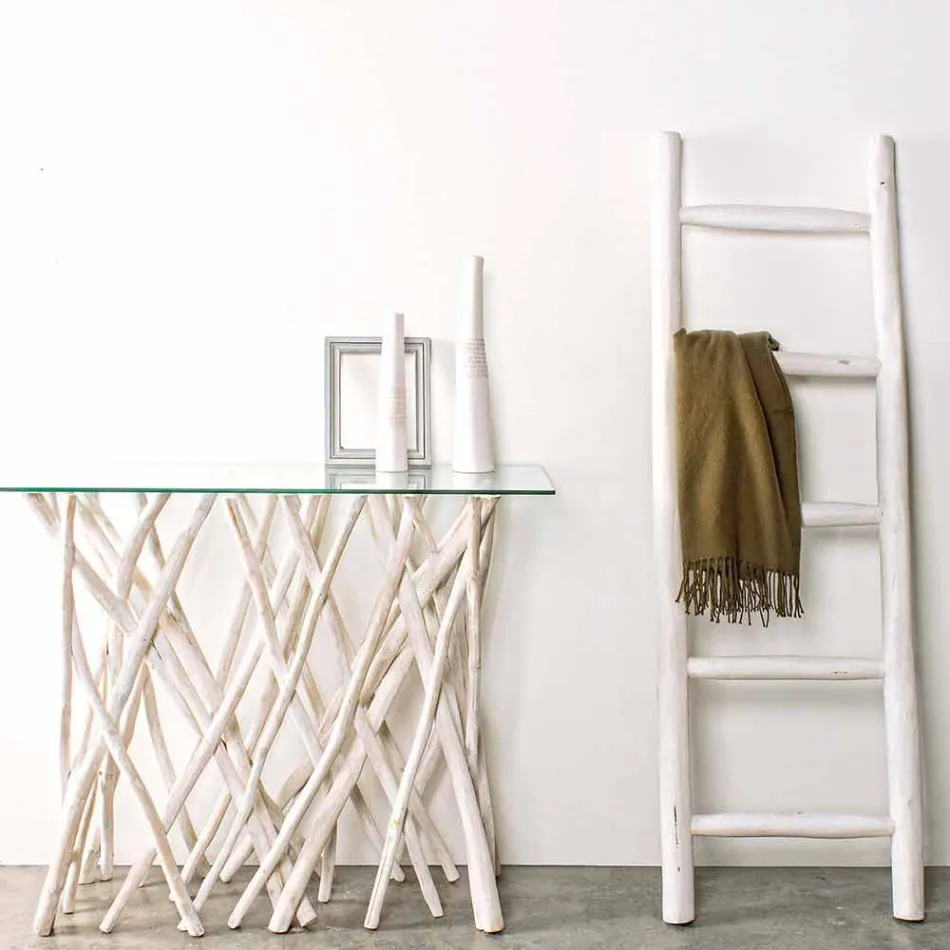 Consola en madera de teca blanqueada y tablero de vidrio de diseño de lujo - Francesca Viadurini