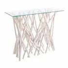 Consola en madera de teca blanqueada y tablero de vidrio de diseño de lujo - Francesca Viadurini