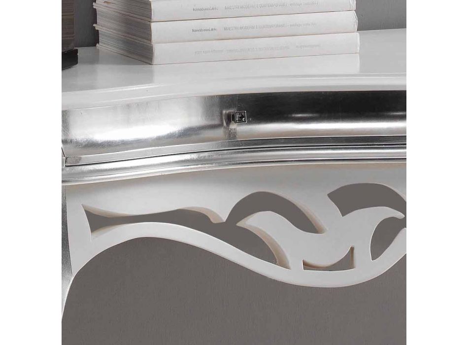 Consola de madera de estilo clásico, acabado en plata y blanco Creta Viadurini