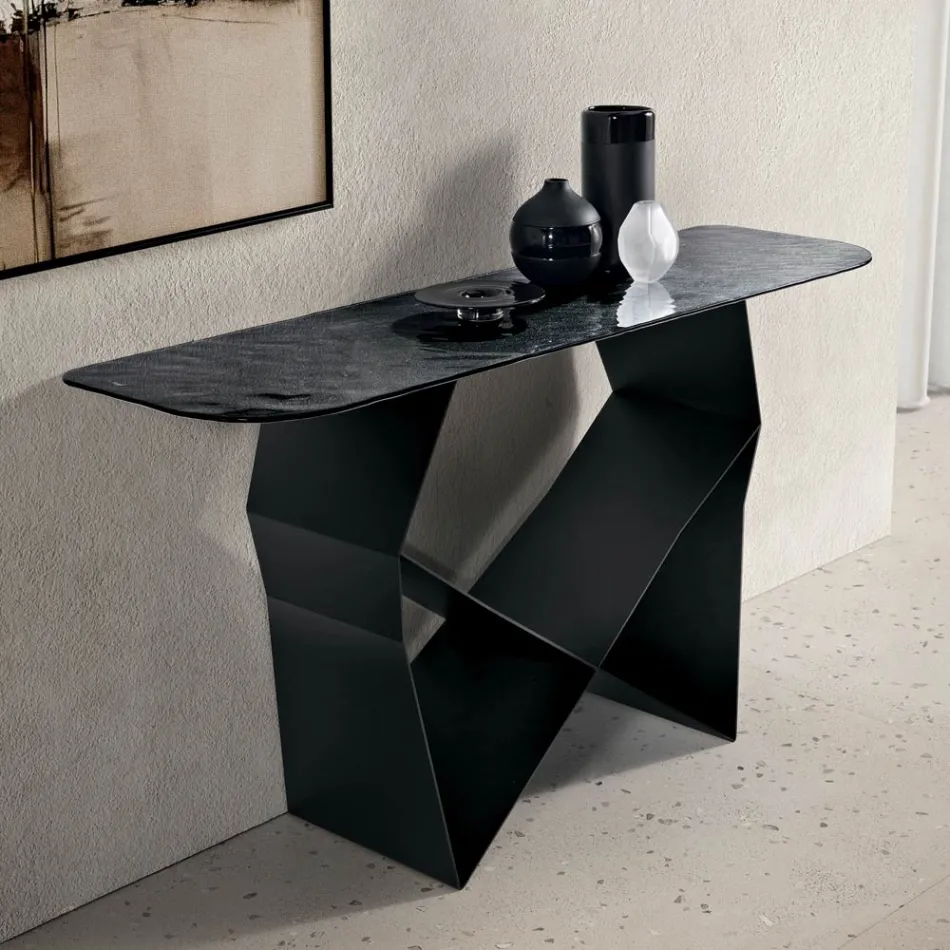 Mesa consola de metal con tablero de cristal martillado y acabado plateado en la parte posterior - Concordia Viadurini