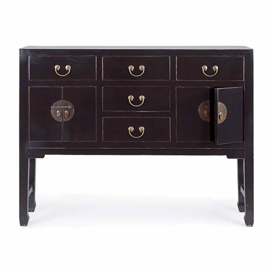 Consola de madera de olmo negro de diseño vintage con 5 cajones Homemotion - Sonten Viadurini