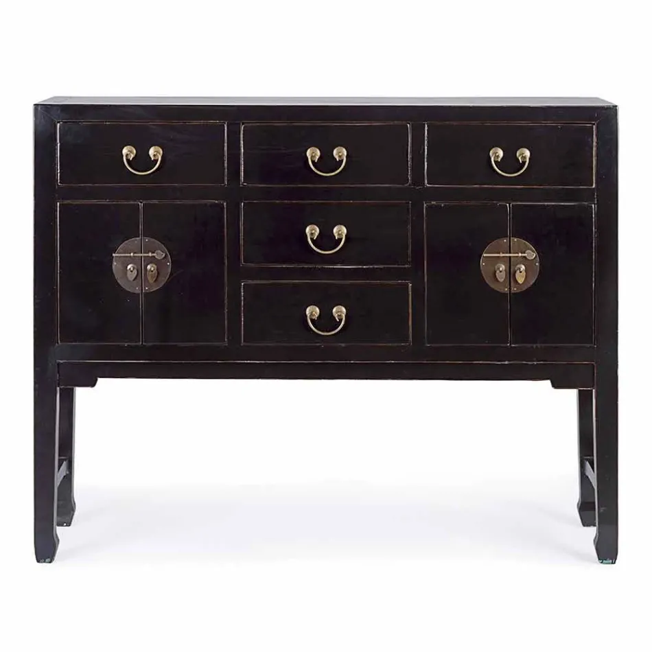 Consola de madera de olmo negro de diseño vintage con 5 cajones Homemotion - Sonten Viadurini