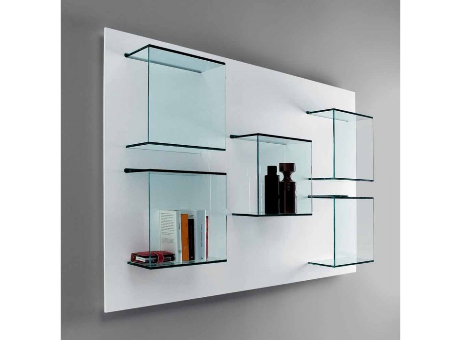 Panel de pared para contenedor en madera blanca y estantes de vidrio - Albahaca Viadurini