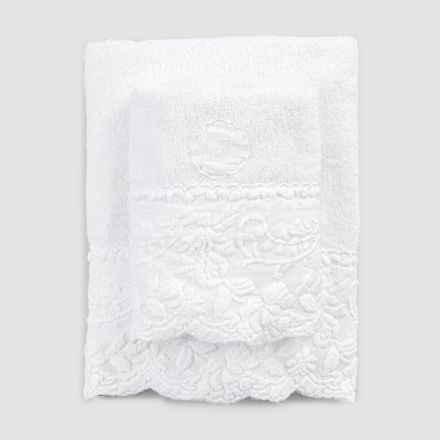 Par de toallas de cara e invitados en esponja con bordado de pétalos - Gianciotto Viadurini