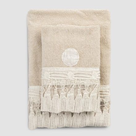 Par de toallas de cara e invitados en rizo de algodón con borlas de encaje - Arafico Viadurini