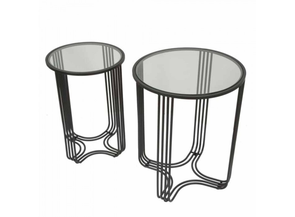 Par de mesas de centro redondas en hierro y vidrio de diseño moderno - Ezra Viadurini