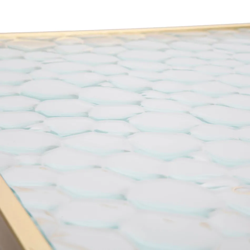 Par de mesas telefónicas cuadradas en hierro dorado y tapa de cristal - Pope Viadurini