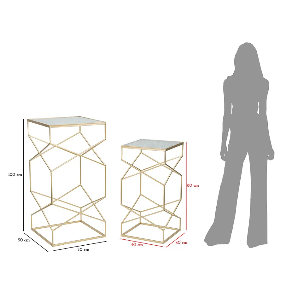 Par de mesas telefónicas cuadradas en hierro dorado y tapa de cristal - Pope Viadurini