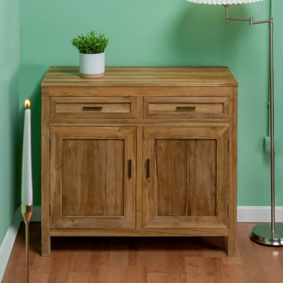 Aparador de teca maciza con 2 puertas y 2 cajones - Budo Viadurini